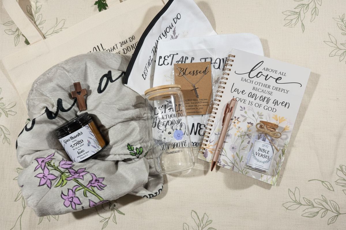 Grace-Filled Treasure Box - faith-based gift box with candle, tumbler, journal, cross necklace and more